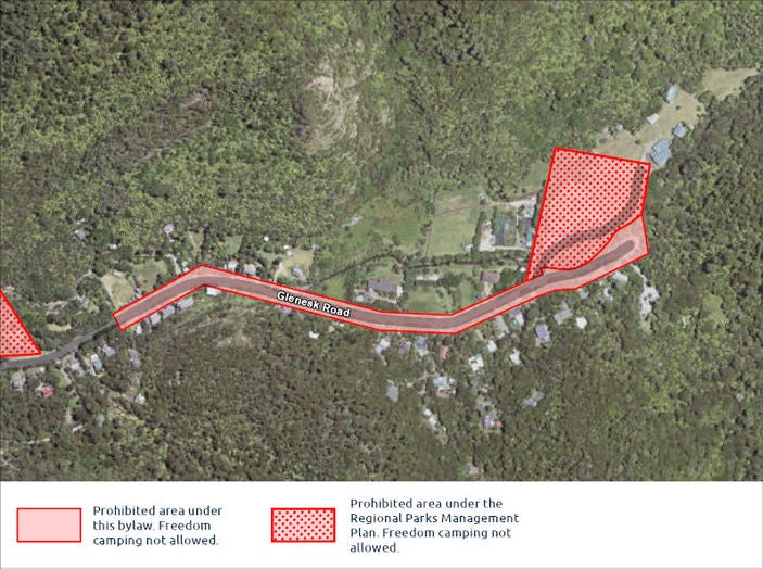 A map highlighting areas where freedom camping is not allowed. 