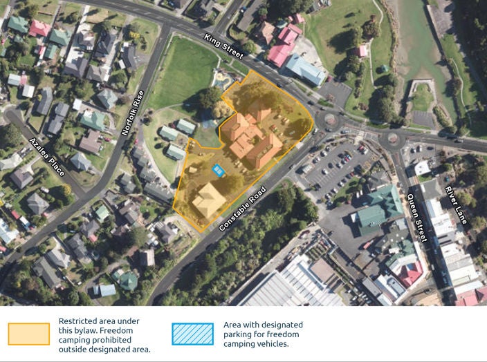 A map highlighting areas where freedom camping is either restricted or not allowed.