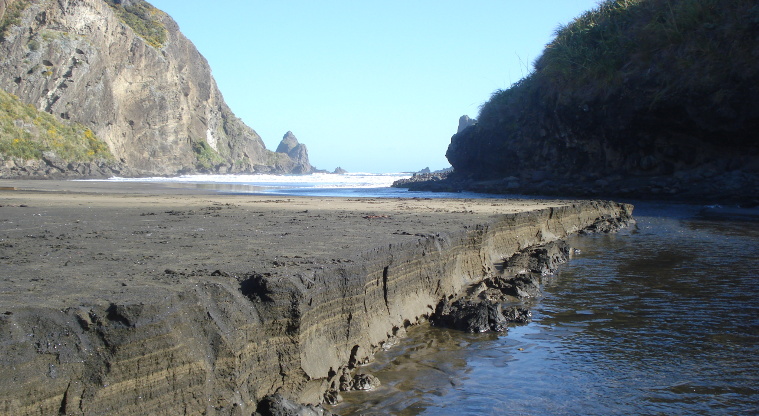 Anawhata, Waitākere Ranges Regional Park - black sand at beach estuary.