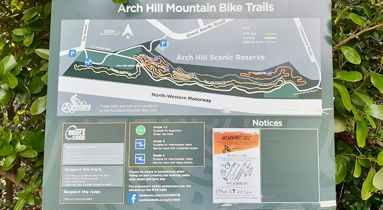 Arch Hill Scenic Reserve - Map showing the mountain bike trails and information about the trails. Photo credit: T Hodder.