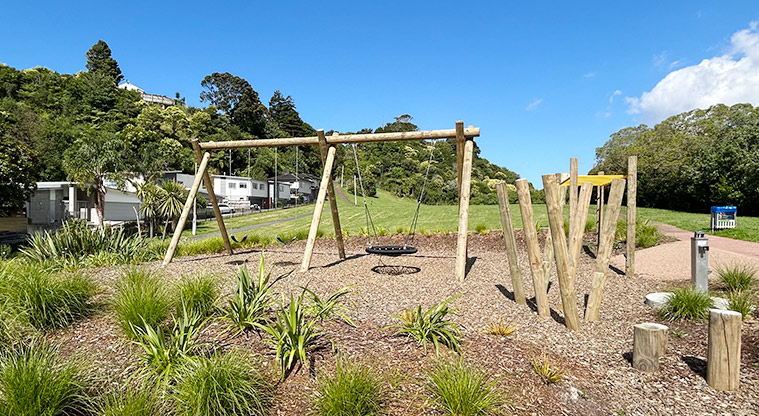 Arch Hill Scenic Reserve - Swing set, and wooden poles for weaving through. Photo credit: S Hulse.
