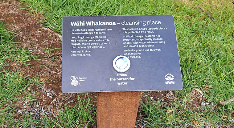 Te Piringa / Cascade Kauri, Waitākere Ranges Regional Park - Sign explaining how to use the Wāhi Whakanoa – cleansing place. Photo credit: G Browne.