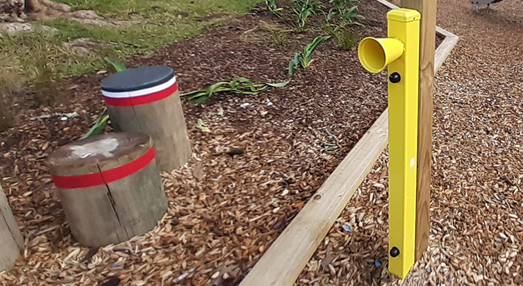 Cockle Bay Reserve - Balance stumps with an interactive sound pole.