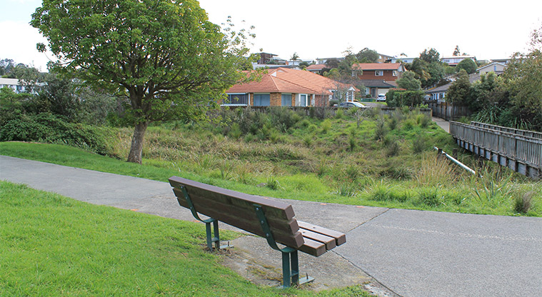Whenua-roa / D'Oyly Reserve - Park bench on the edge of the path. Photo credit: M Loubser.
