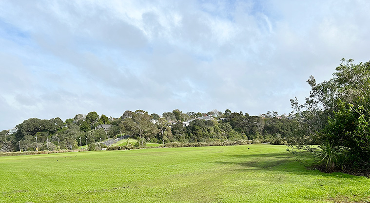 Dudding Park Sportsfield - Section of the sports field lined with trees. Photo credit: S Hulse.