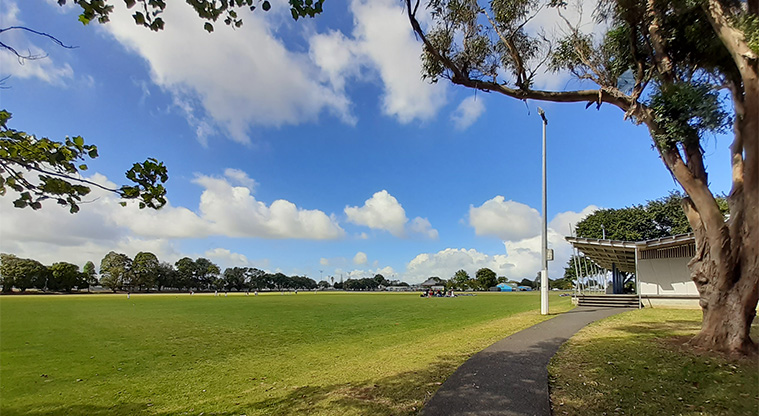 Eastdale Reserve - Sports fields with a large tree and the toilet block on the right.