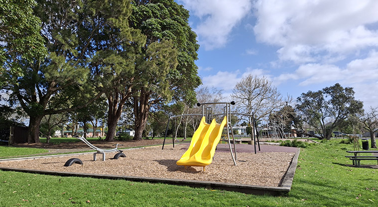 Eastdale Reserve - A seesaw and bright yellow slides with the swings in the background.