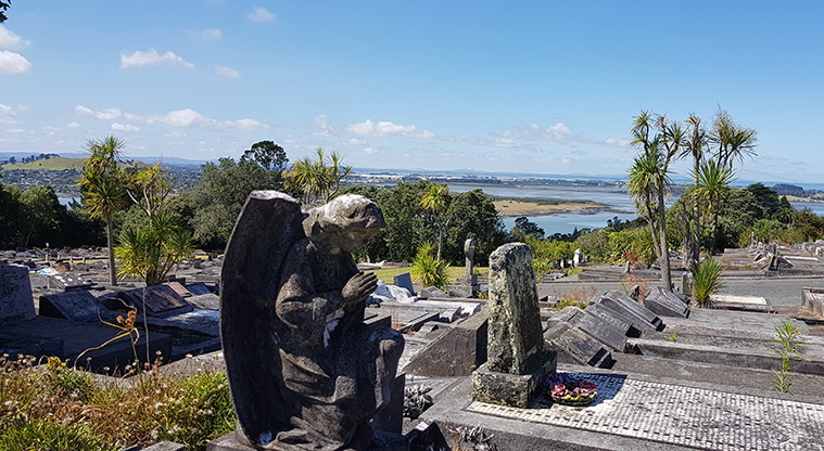 Hillsborough Cemetery – area of the cemetery with the Manukau Harbour in the background.