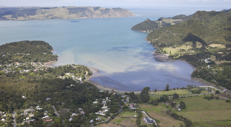 Huia, Waitākere Ranges Regional Park - aerial view of Huia looking towards the entrance of the Manukau Harbour.