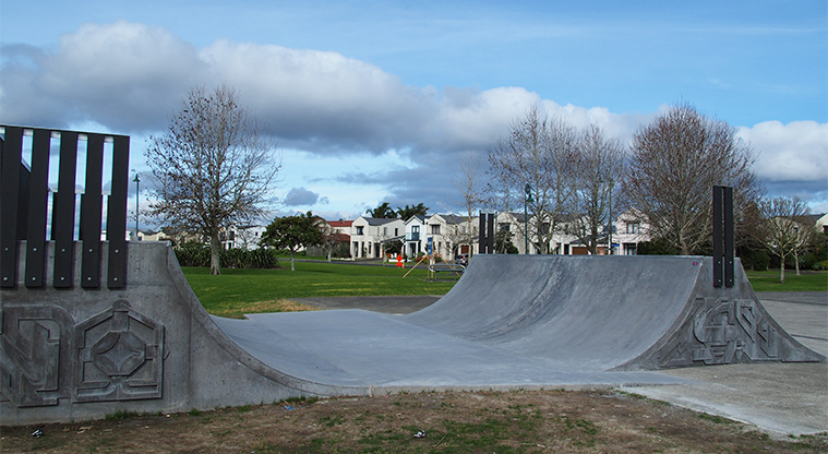 Jack Pringle Sports Park - A section of the skate park with open space and trees in the background. Photo credit: Tracey Hodder.