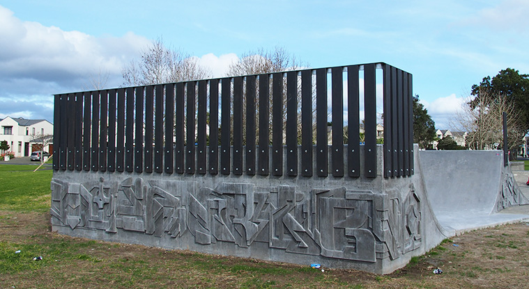 Jack Pringle Sports Park - Back of the skate ramp showing the railings at the top. Photo credit: Tracey Hodder.