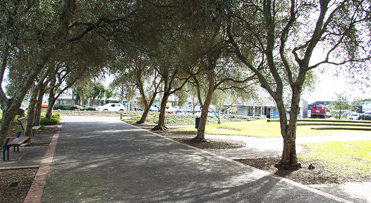 Jack Pringle Village Green - Wide path lined with trees. Photo credit: Tracey Hodder.