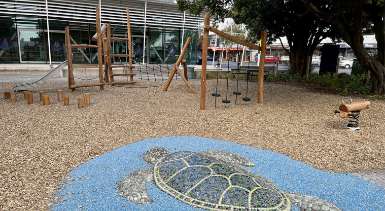 Jack Pringle Village Green - View of the wider playground with the turtle mosaic. Photo credit: Keren Alleyne.