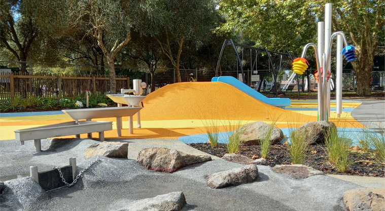 Jack Pringle Village Green - Stainless steel water tables and a dam floodgate for kids to play with. Photo credit: Keren Alleyne.