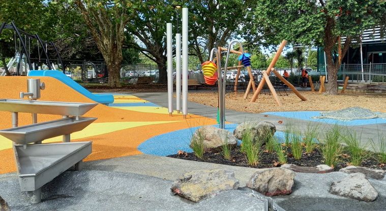 Jack Pringle Village Green - Ropes for climbing, slides, a swing set and musical instruments. Photo credit: Keren Alleyne.