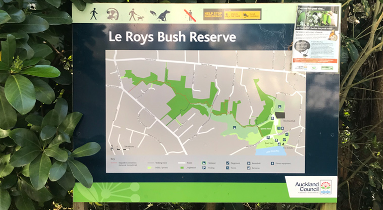 Wai Manawa / Le Roys Bush Reserve - Map showing the tracks through the bush and rules for using the reserve.