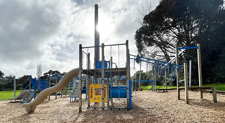 Wai Manawa / Little Shoal Bay Reserve -Section of the playground with climbing and swinging equipment, interactive play panels, slides, ramps and tunnels. Photo credit: S Hulse.