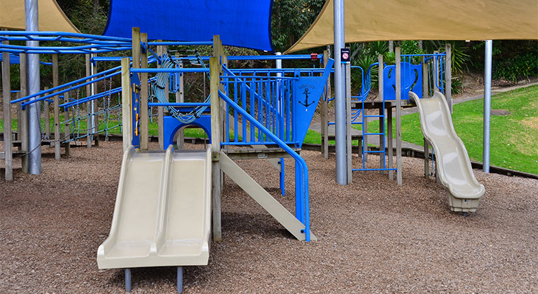 Wai Manawa / Little Shoal Bay Reserve - Section of the playground with three slides. Photo credit: Aleksandar Ćirilović.