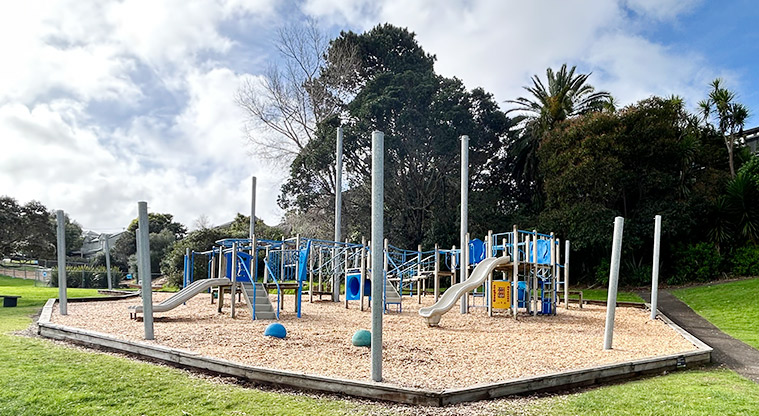 Wai Manawa / Little Shoal Bay Reserve - Whole playground with poles that hold the shade sails over the summer months. Photo credit: S Hulse.