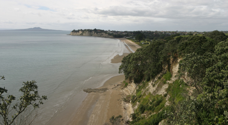 Long Bay Regional Park - view of the main beach looking towards Rangitoto Island.