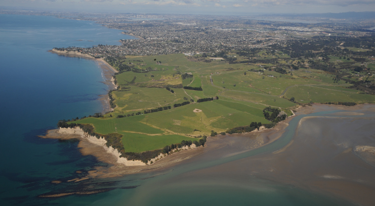 Long Bay Regional Park - aerial view of the entire park (Okura River in the foreground).