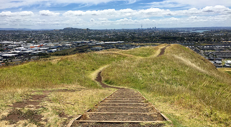 Maungarei / Mount Wellington Domain - Looking from the tihi (summit) at steps down the maunga and across to central Auckland.