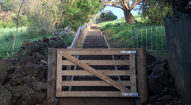 Ōwairaka / Te Ahi-kā-a-Rakataura / Mt Albert - Gate at the bottom of one of the sections of steps. Photo credit: S Hulse.