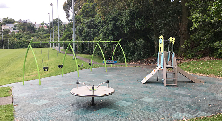 Nixon Park - Junior play area with play module, spinning wheel, and a set of five swings (including an accessible basket swing). Photo credit: S Hulse