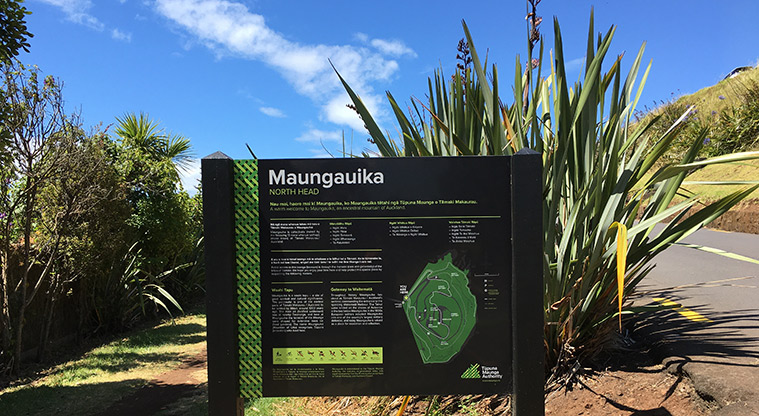 Maungauika / North Head - Information board part way up the road to the tihi (summit)>