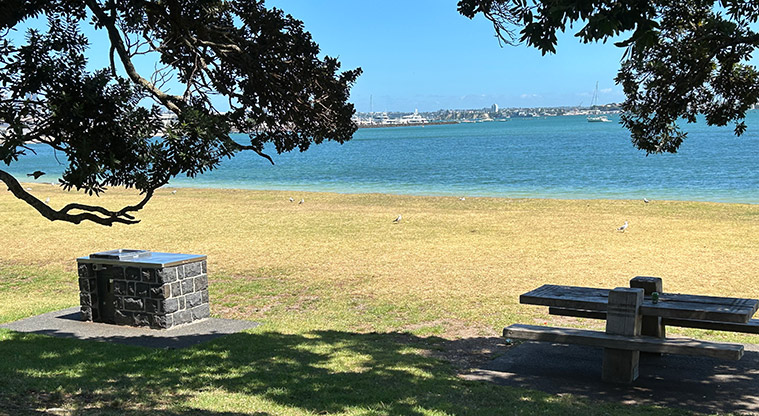 Okahu Bay Reserve - One of the barbecues and picnic tables under the trees. Photo credit: S Hulse.