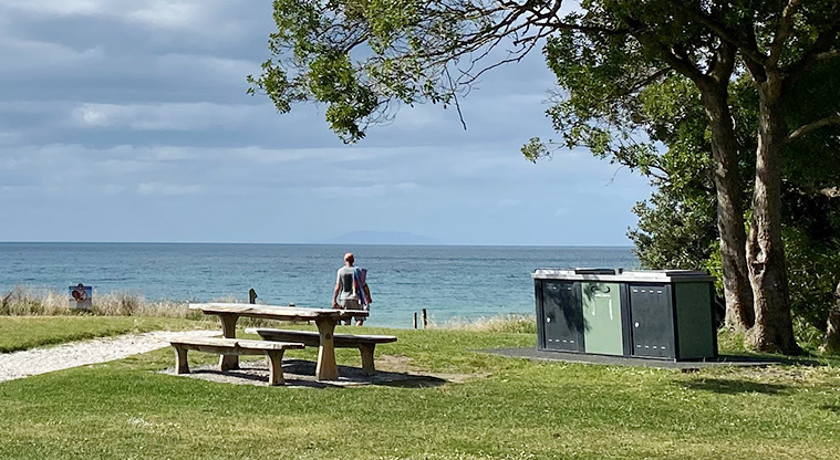 Palm Beach Reserve - A section of the park with a picnic table and barbecue, and sea view in the background. Photo credit: T Hodder.