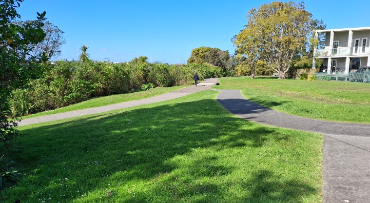 Horowai / Roberts Field – A section of the paths with open grassed area and trees.