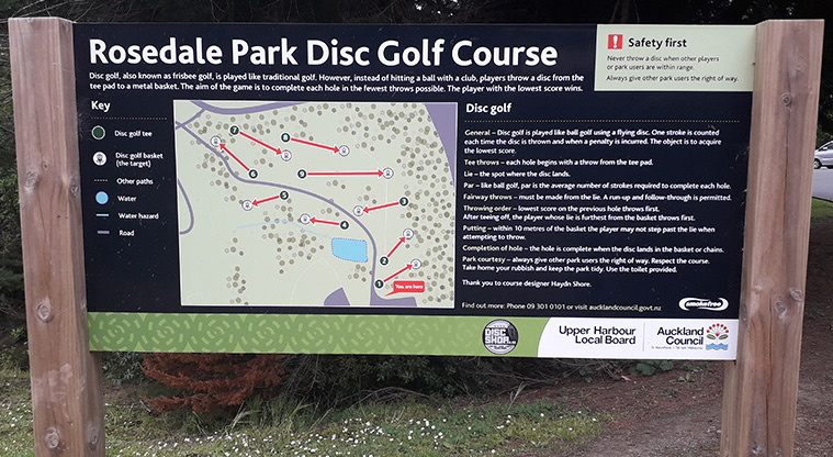 Rosedale Park - Sign showing the disc golf course and rules.