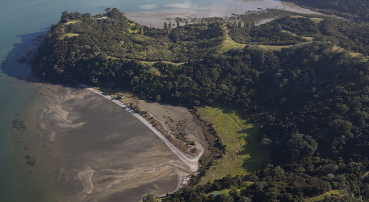 Mahurangi East Regional Park, Sadler Point - Aerial view of Lagoon Bay.