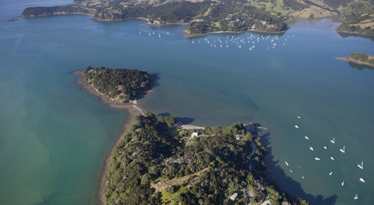 Mahurangi East Regional Park, Scott Point - Aerial view showing Casnell Island, looking towards Mahurangi West Regional Park.