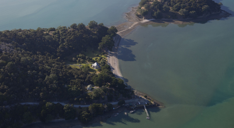 Mahurangi East Regional Park, Scott Point - Aerial view showing Scotts Landing, Bailey's Cottage and Scott Homestead.