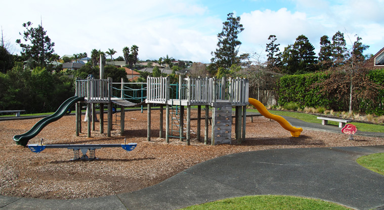 Xena Park - A seesaw, slides, climbing equipment and a small spring rider. Photo credit: Tracey Hodder.