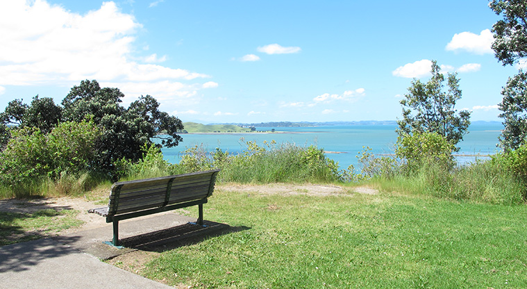 Glover Park Path - Seating area with a great view over the Hauraki Gulf.
