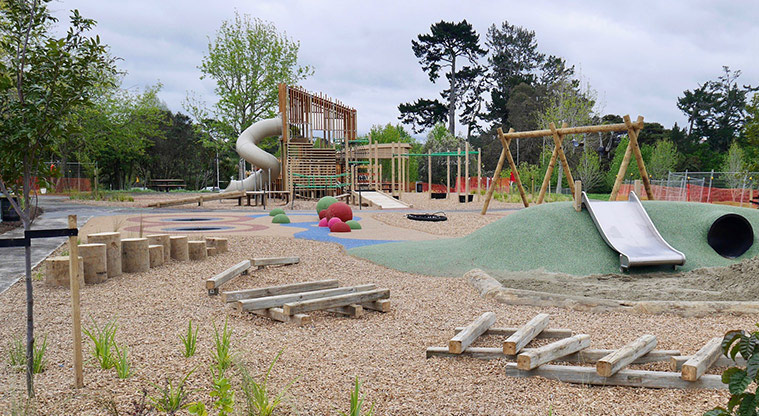 Moire Park Path - Children's playground with lots of climbing and sliding equipment, trampolines, and more.