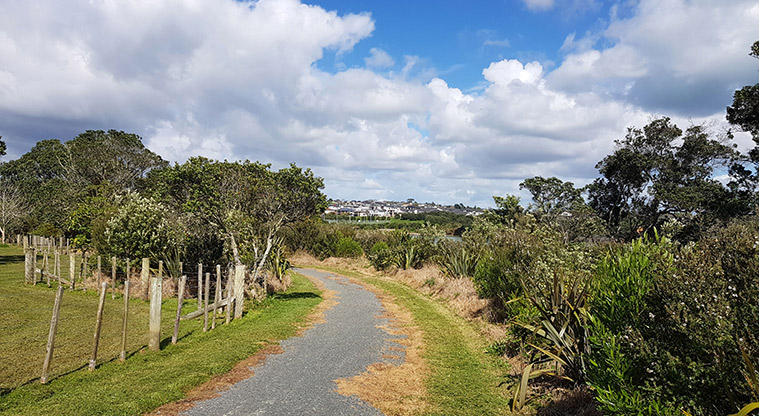Ōmana Perimeter Path - Gravel section of the path along cliff – beware of hazards.